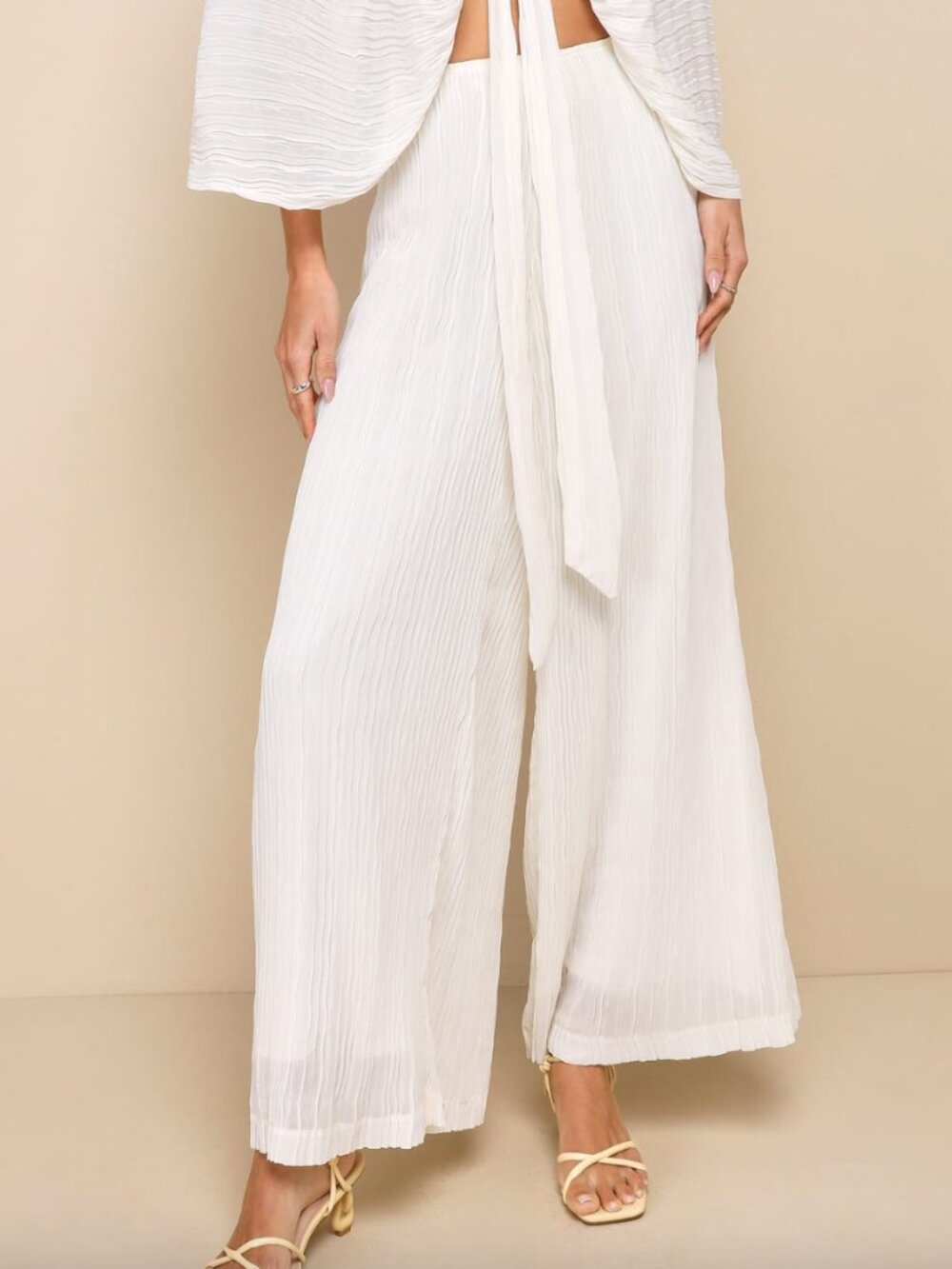 Lulus Pristine Presence Plisse High-Waisted Wide-Leg Pants Ivory